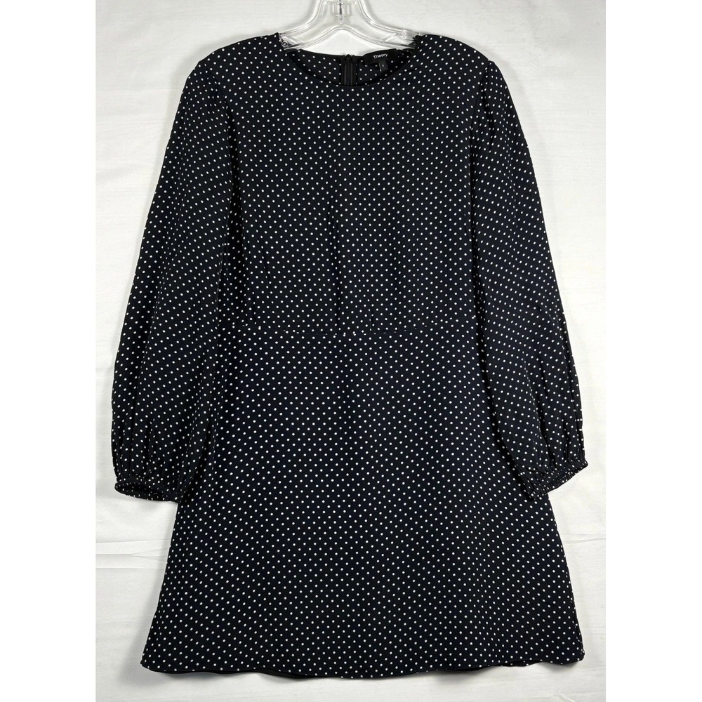 Theory Crew Dress Polka Dot Crepe Black White Long Sleeve A-Line Size‎ 8